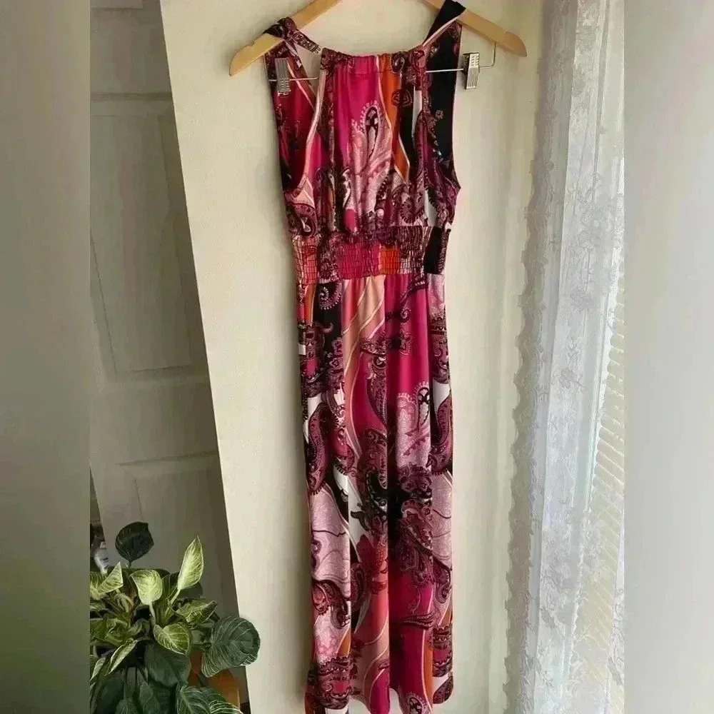 Vintage Shes Cool Pink Paisley Halter V Neck Y2K Maxi Dress Retro Cinched Waist - Picture 7 of 7